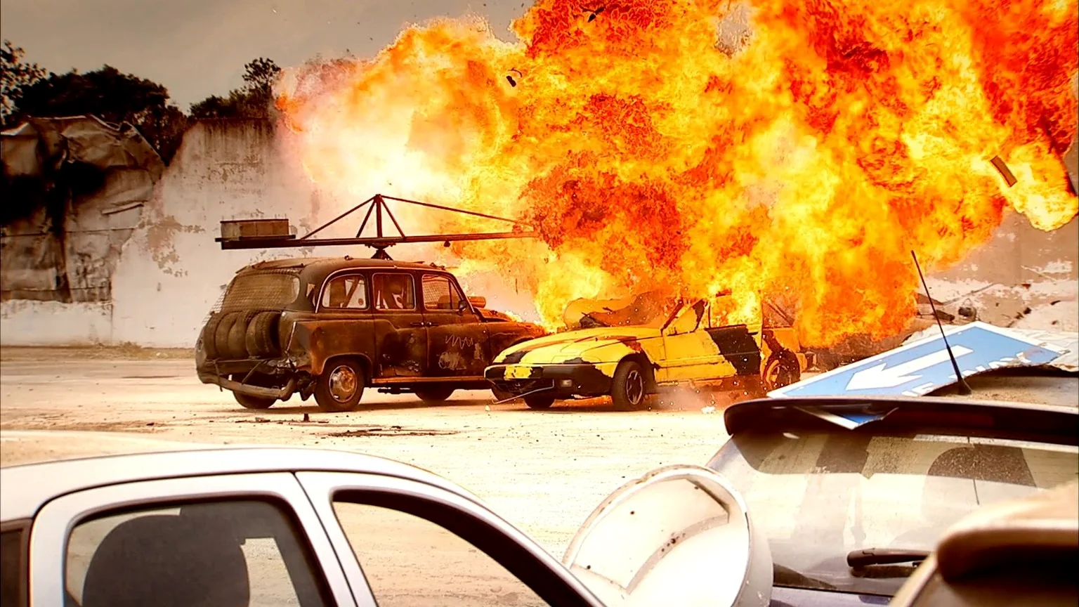 Practical vehicle explosion effect on a film set in Ireland